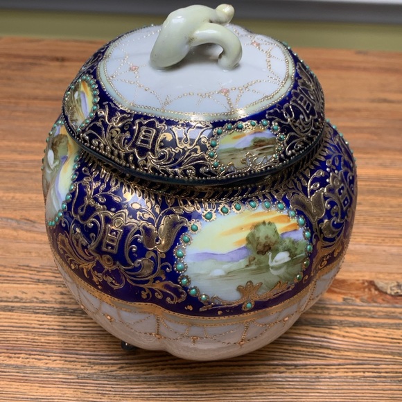 Nippon Vintage Ornate Blue and Gold Covered Jar With Landscape Scenes - Picture 3 of 16